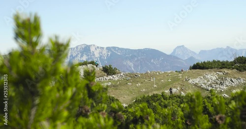 This is a shot of bushes, mountains and people hiking photo