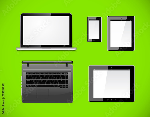 Laptop, tablet pc computer and mobile smartphone with a blank screen. Isolated on a green background. Vector