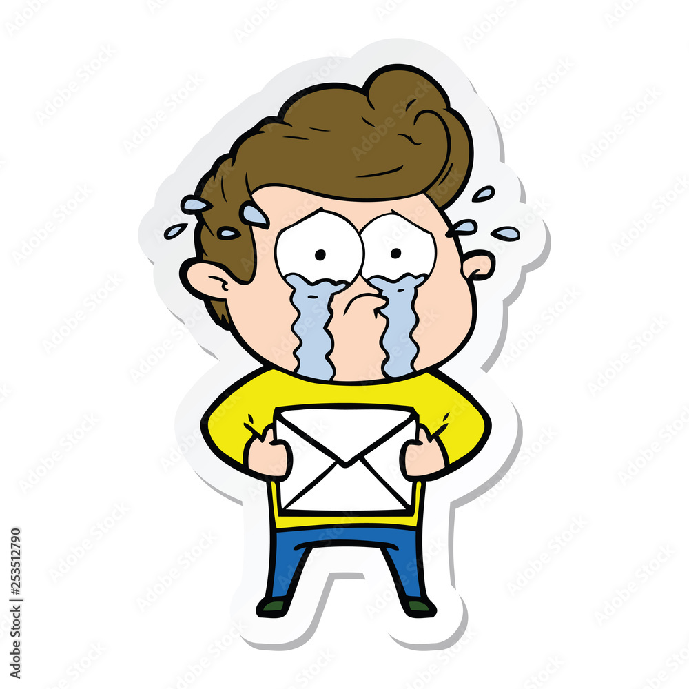 sticker of a cartoon crying man receiving letter sticker of a cartoon crying man receiving letter