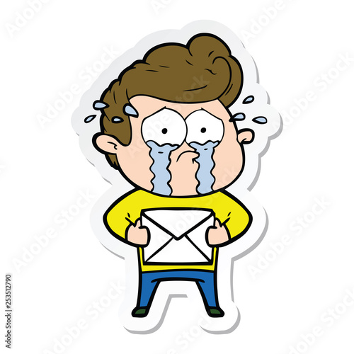 sticker of a cartoon crying man receiving letter