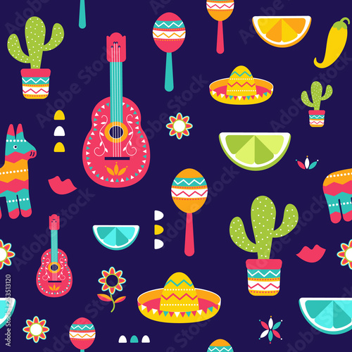 Cinco de Mayo Seamless Pattern for festival in Mexico, flat. T-shirt print of colorful symbols for Mexican parade with maracas, pinata, fruits, sombrero, cactus, guitar