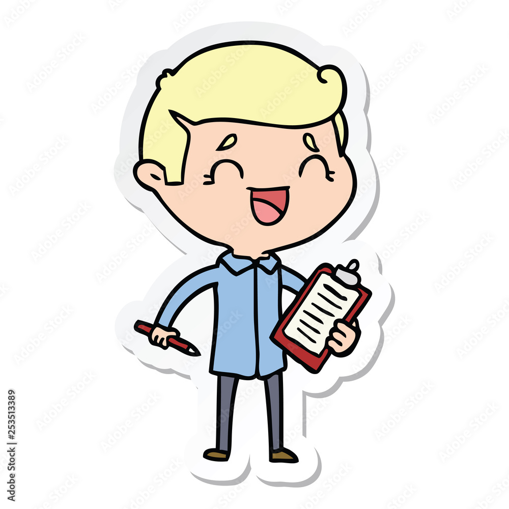 sticker of a cartoon laughing man with clip board sticker of a cartoon laughing man with clip board