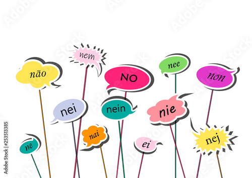 multicolor speech bubbles with no word in different European  isolated on the white background, horizontal vector illustration