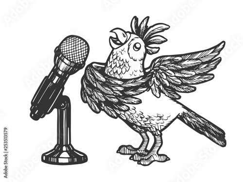 Cartoon singing parrot with microphone sketch engraving vector illustration. Scratch board style imitation. Hand drawn image.