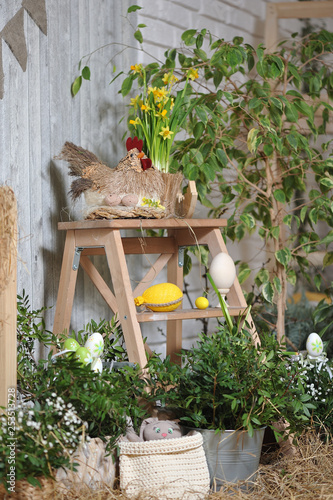 Easter decorations in a photo studio in a rustic style. Home flowers, soft toys, eggs, chicken