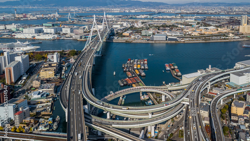 Tableau sur toile Aerial view interchange highway and overpass in city of Osaka City, Osaka, Kansa