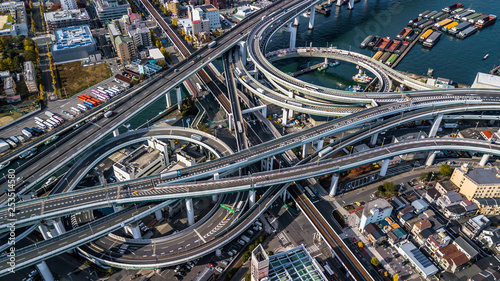 Aerial view interchange highway and overpass in city of Osaka City, Osaka, Kansai, Japan photo