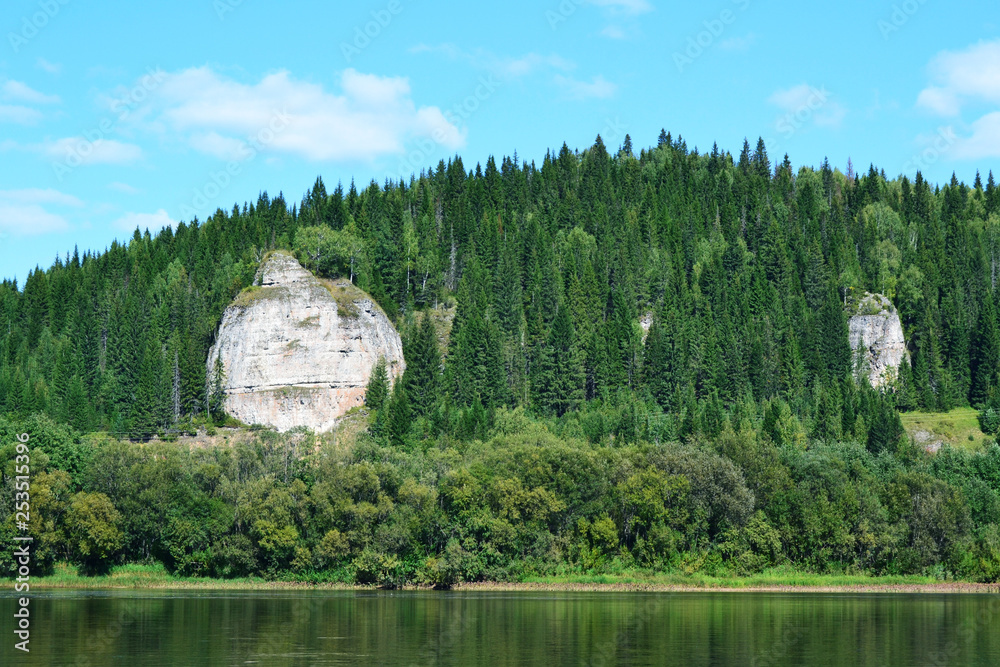 Rocky coast with forest on the river
