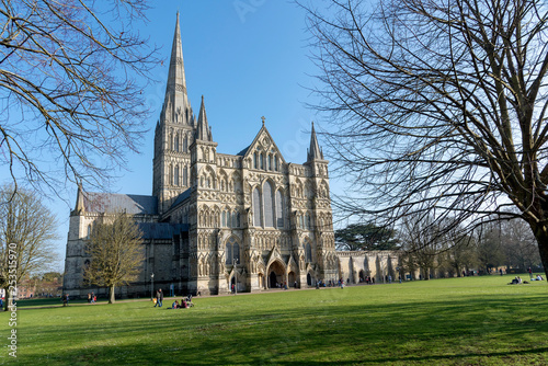 Salisbury, Wiltshire, England, UK. February 2019. Salisbury Cathedral and grounds viewed from the west walk