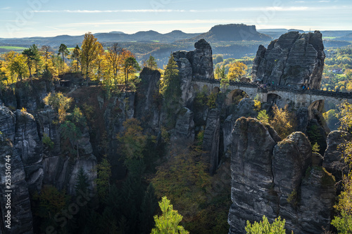Autumn in Saxon Switzerland (Elbe Sandstone Mountains) and Bastei bridge. Germany.