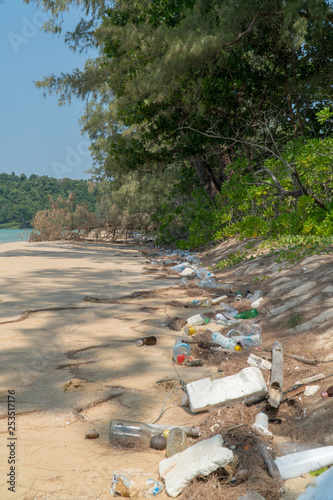 Plastic waste on a beautiful hidden beach on Koh Rong Sanloem island in Cambodia