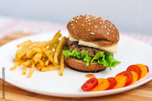Hamburger with vegetables and french fries on a white plate