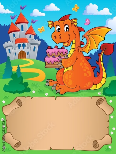 Small parchment and dragon holding cake
