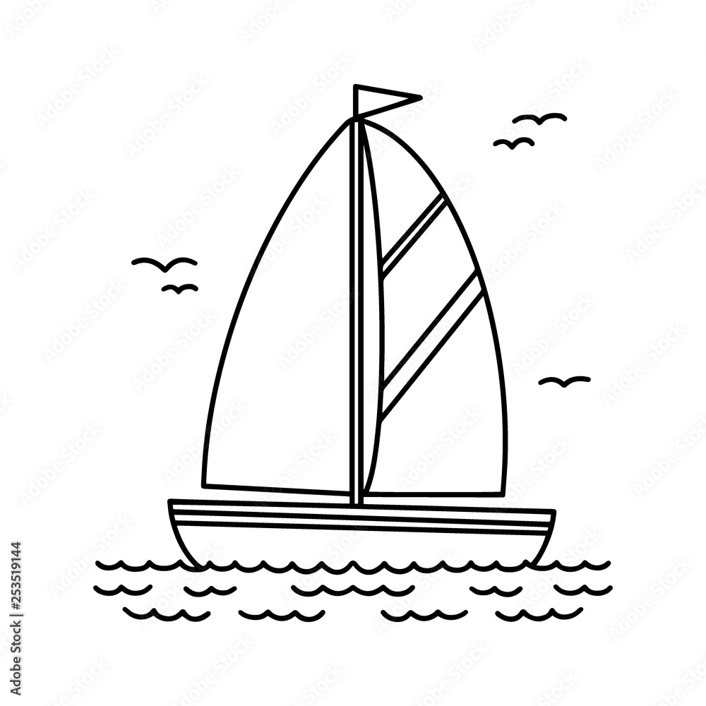 Sailing yacht black and white, cartoon square icon, drawing. Boat with sail  and flag, sailing on the sea. Coloring book template, water transport  object. Stock Vector | Adobe Stock