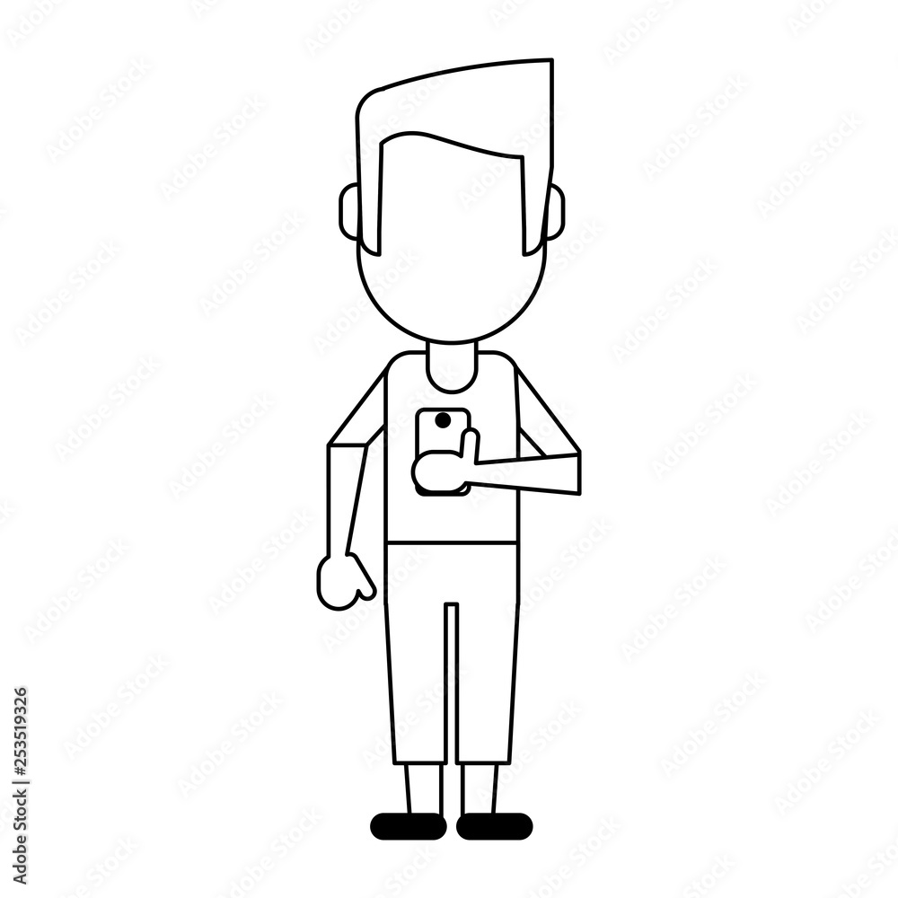 man using smartphone avatar cartoon in black and white