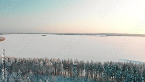 Aerial, reverse, drone shot, away from a bird tower, between snowy, pine tree forest, overlooking the snowy lake Pyhaselka, of Saimaa, on a sunny, winter evening, in Vuoniemi, North Karelia, Finland photo