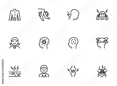 Pain line icon set. Headache, sore throats