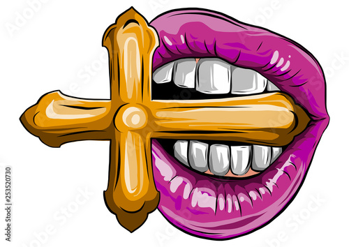 Lips hand drawn highly details graphic red illustration. Vector element for design. Isolated on white background.