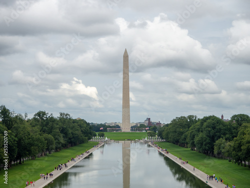 washington DC, District of Columbia [United States US, obelisk on the National Mall in the capital, Reflecting pool, falling dusk dark cloudy sky, reflection]