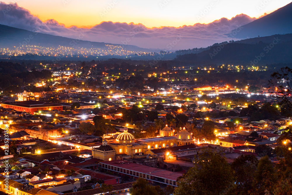 Antigua Guatemala sunset volcano panorama night 