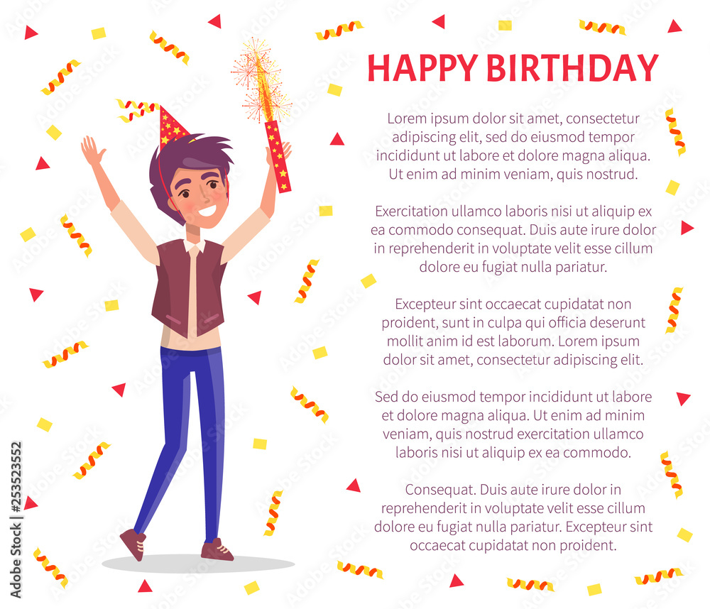 Happy birthday invitation card, man with firework in hand and text sample.  Vector male cartoon character celebrating Bday party, smiling guy with  flapper Stock Vector | Adobe Stock