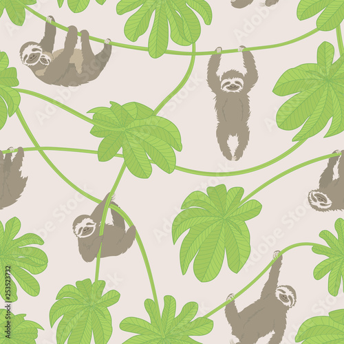 Sloths and Cecropia Leaves vector seamless repeat pattern photo