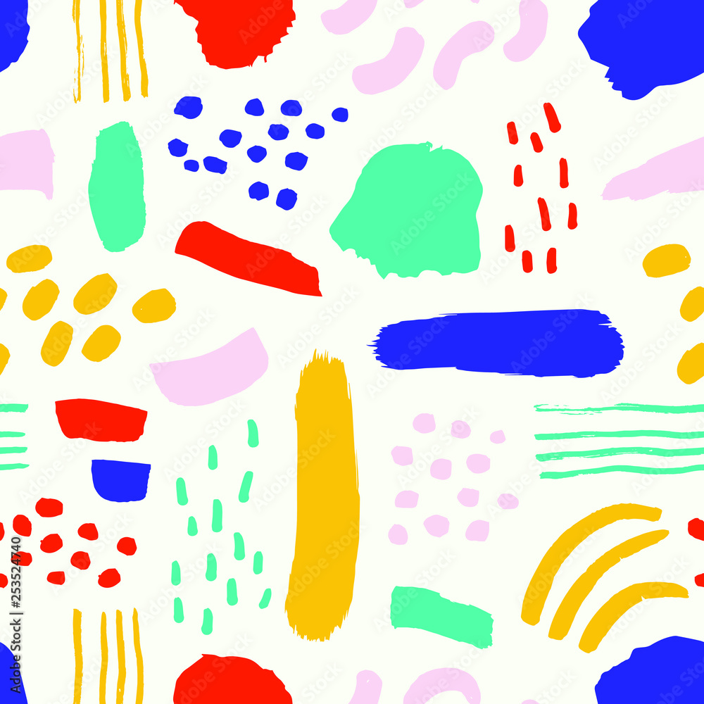 Super cute seamless pattern with different Brush Strokes. Abstract vector background with Ink Shapes.