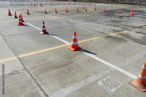 Traffic cones in driving school. Close up