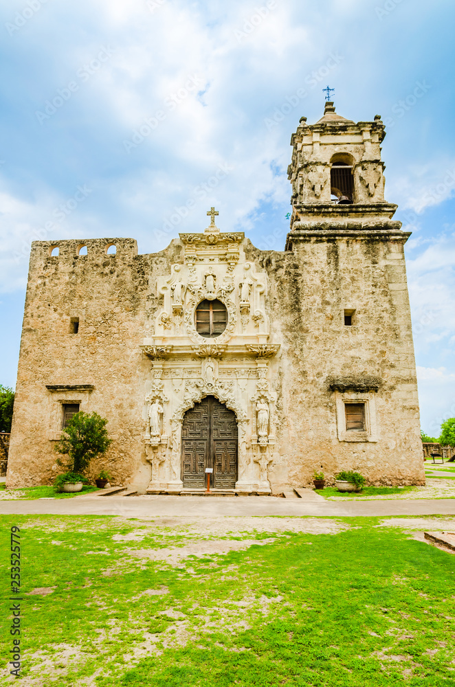 Facade of the Mission San Jose church in San Antonio Texas