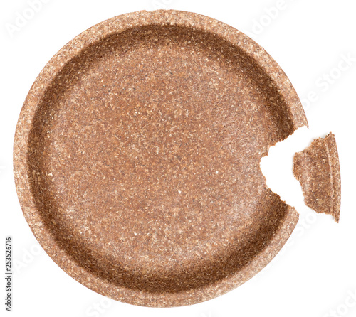 Concept of biodegradable edible plate made from wheat bran isolated on white background, top view