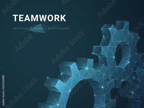 Abstract modern business background vector depicting teamwork with stars and lines in shape of cogwheels on blue background.