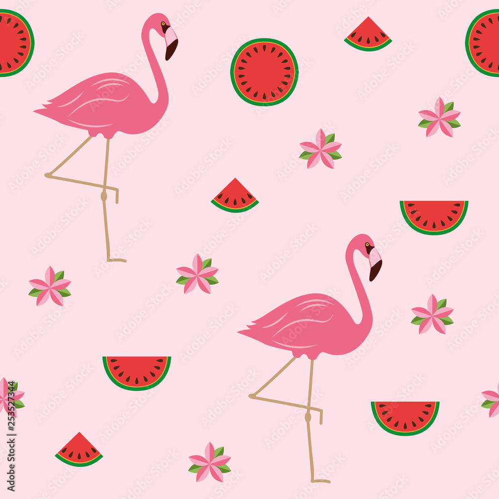 Fototapeta premium seamless pattern tropical summer design with flamingos flowers and watermelon vector illustration EPS10