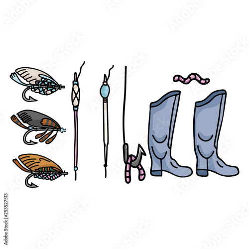 Cute fishing tackle cartoon vector illustration motif set. Hand drawn angling gear elements clipart for hobby blog, wellington boots, float and lure web buttons.
