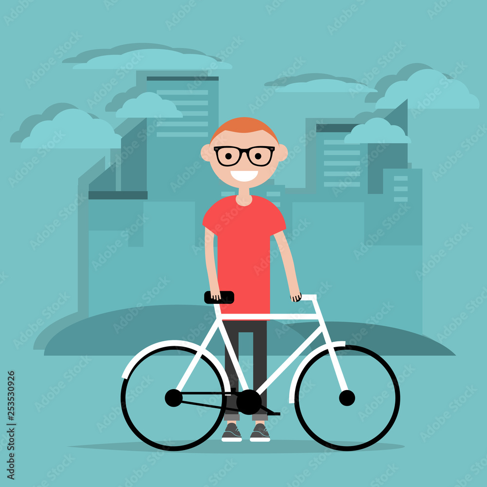Young character standing with a bike. Healthy lifestyle. Flat design Young character standing with a bike. Healthy lifestyle. Flat design