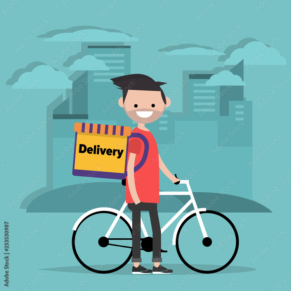 Bicycle delivery.Character with parcel box on the back. Ecological city bike food delivering service concept with courier carrying package on modern city background. Flat cartoon design.clip art