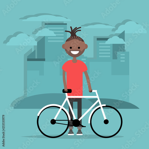 Young character standing with a bike. Healthy lifestyle. Flat design