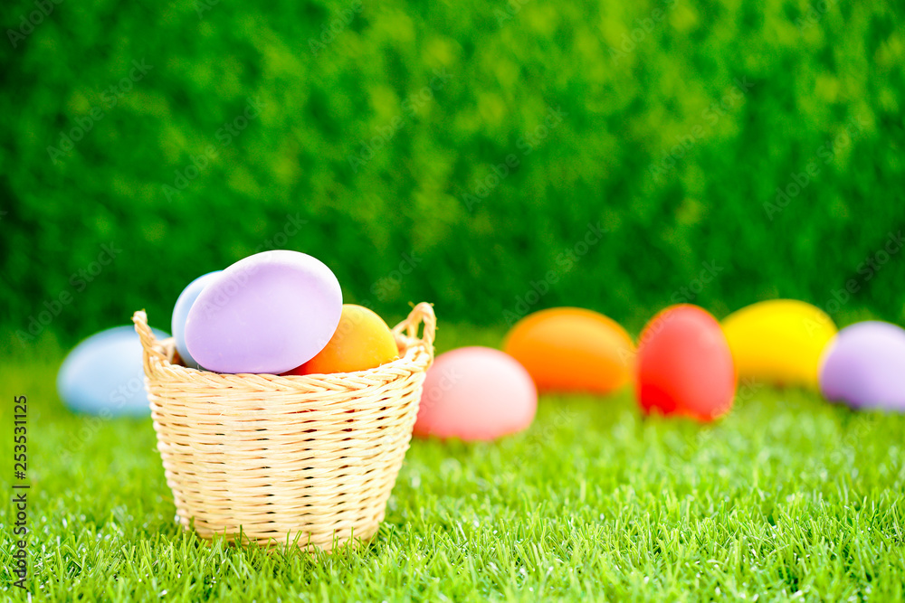 Easter eggs in the basket on green grass