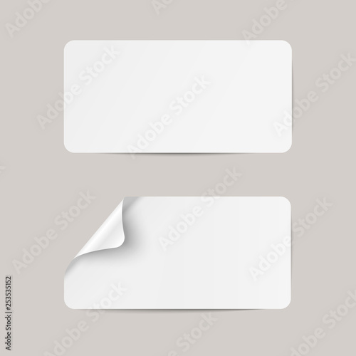 Vector white realistic paper adhesive stickers with curved left corner on transparent background. - Illustration