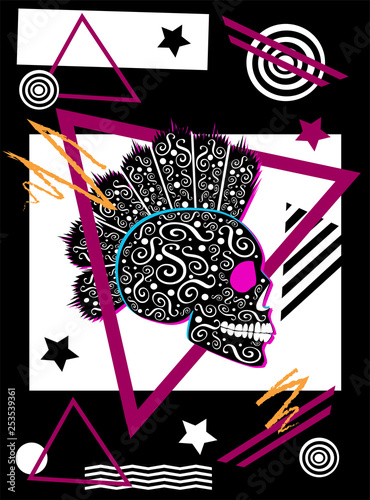 Abstract background with punk skull icon with mohawk geometric black and white