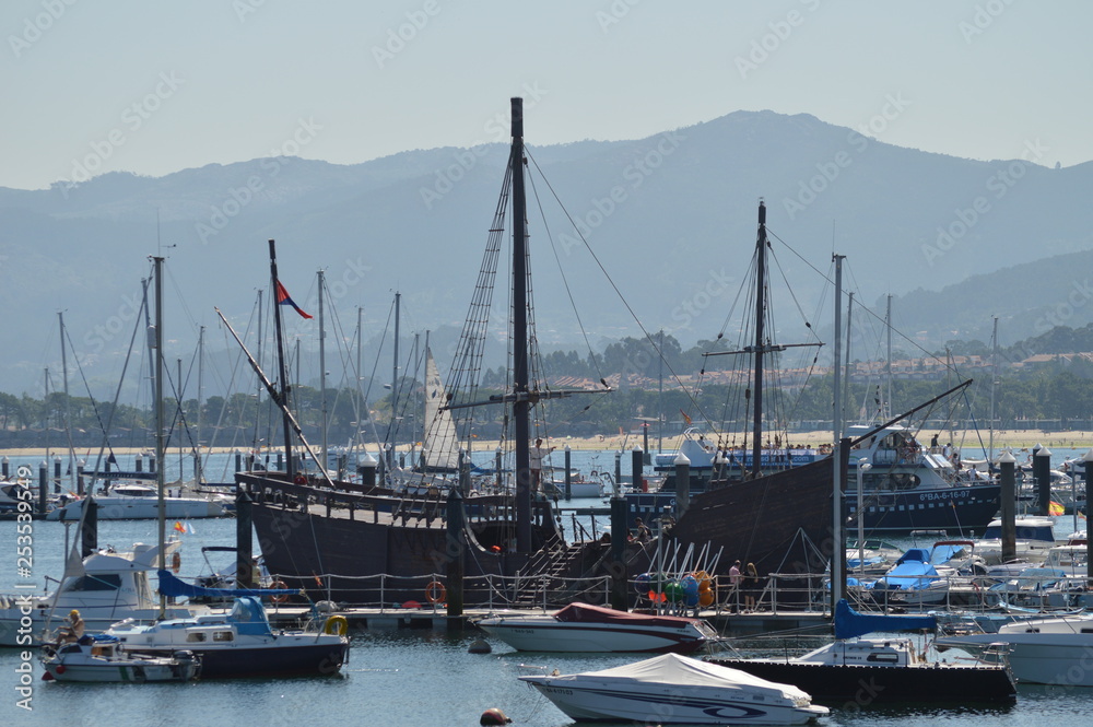 Replicate Of La Pinta One Of The Caravels With Which Colon Discovered America In The Marina In Bayonne. Nature, Architecture, History, Travel. August 16, 2014. Bayona, Pontevedra, Galicia, Spain.