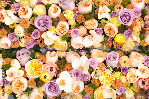 Background of orange, violet roses and chrysanthemum