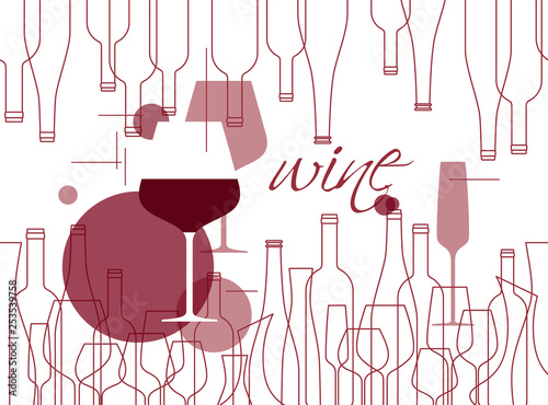 Background in modern style with wine bottles and wine glasses. Design element for tasting, menu, wine list, restaurant, winery, shop.