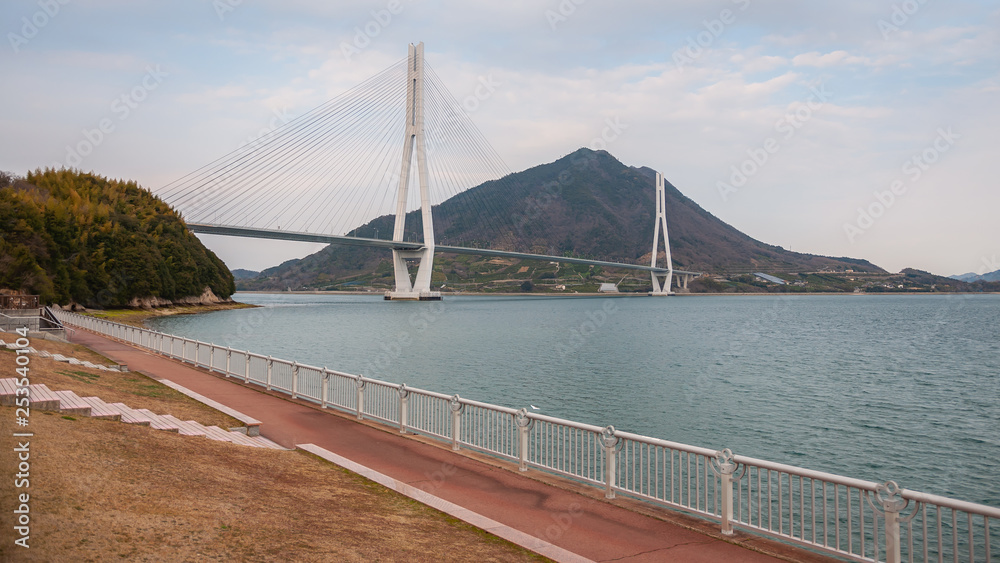 View of Tatara Bridge, which connects Ikuchi Island with Omishima Island, seen from Omishima Island while on the Shimanami Kaido cycling tour starting from Onomichi and ending at Imabari.