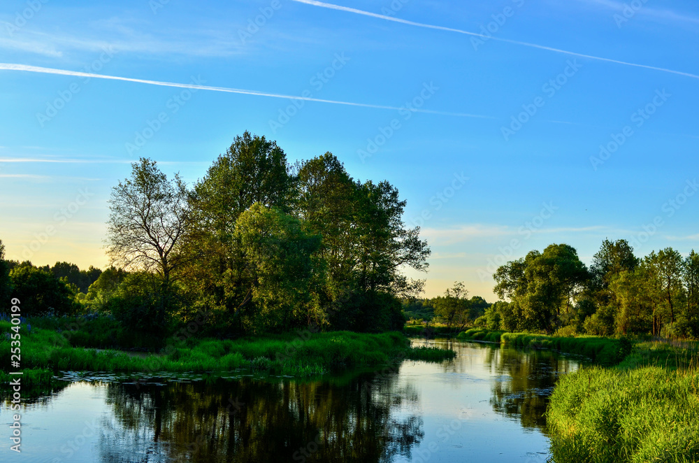 The panoramic background of the natural morning sun landscape represents a beautiful ecological system and a view when traveling in the wild. Republic of Belarus, River 