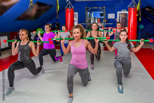 A group of girls trains with the help of gymnastic sticks doing fitness in the gym