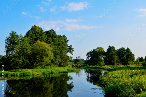 Natural view of the morning light on the lake, from the picturesque bridge, seen in tourist places or scenic spots in the Republic of Belarus on the Beaver River, with twilight and colorful sky