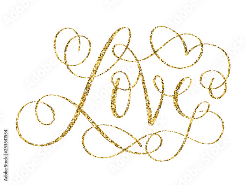 LOVE vector gold glitter brush calligraphy banner with flourishes