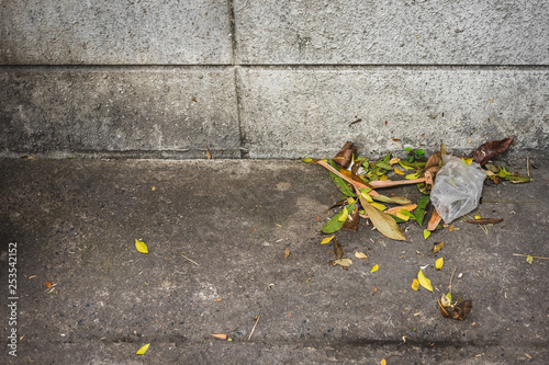 A plastic bag that got sweep up with fallen leaves on the ground in Bangkok. photo