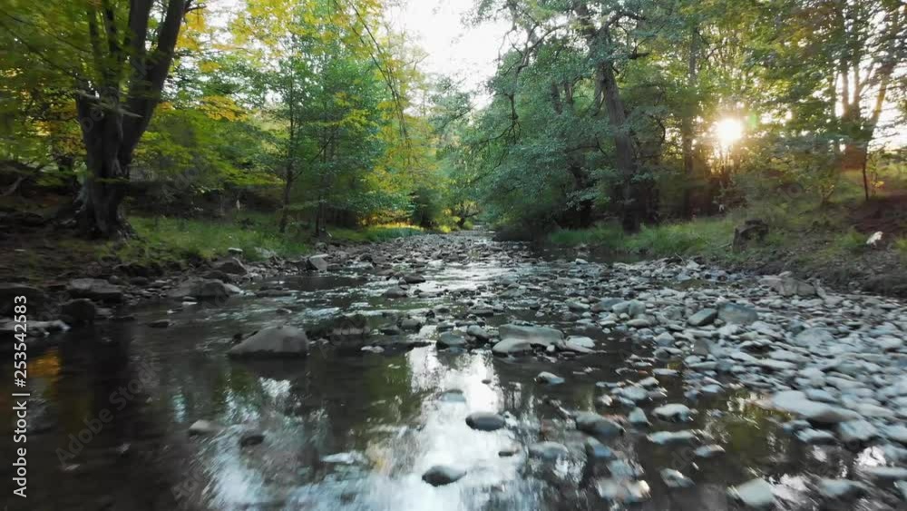 Low drone speed flight over small river at sunset Low drone speed flight over small river at sunset
