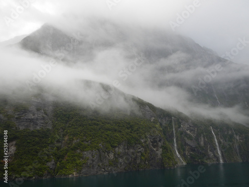 Cloudy mountain in Fjordland National Park, New Zealand